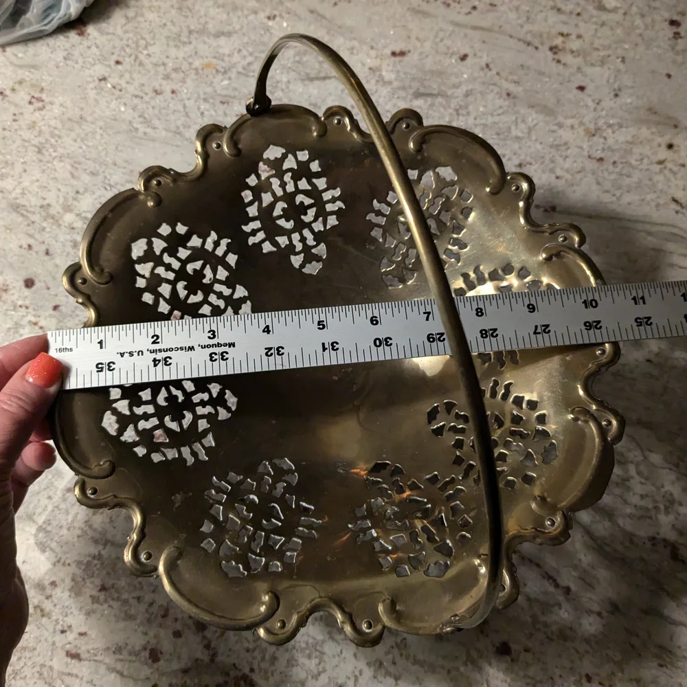 Vintage Brass Decorative Bowl Basket With Handle Victorian Pedestal